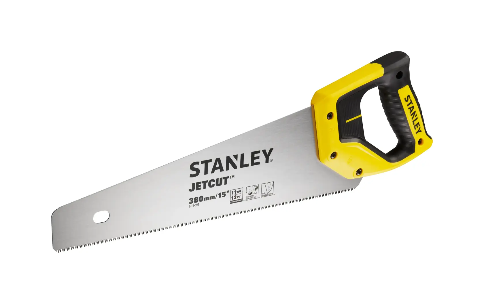 Stanley Jetcut Handsäge mit gelb-schwarzem Griff, 380 mm Klinge zum schnellen Schneiden von Holz.