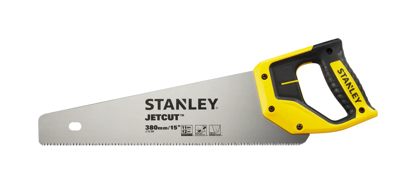 Stanley JetCut Handsäge mit gelbem Griff und 380mm Stahlklinge, geeignet zum Holzsägen.