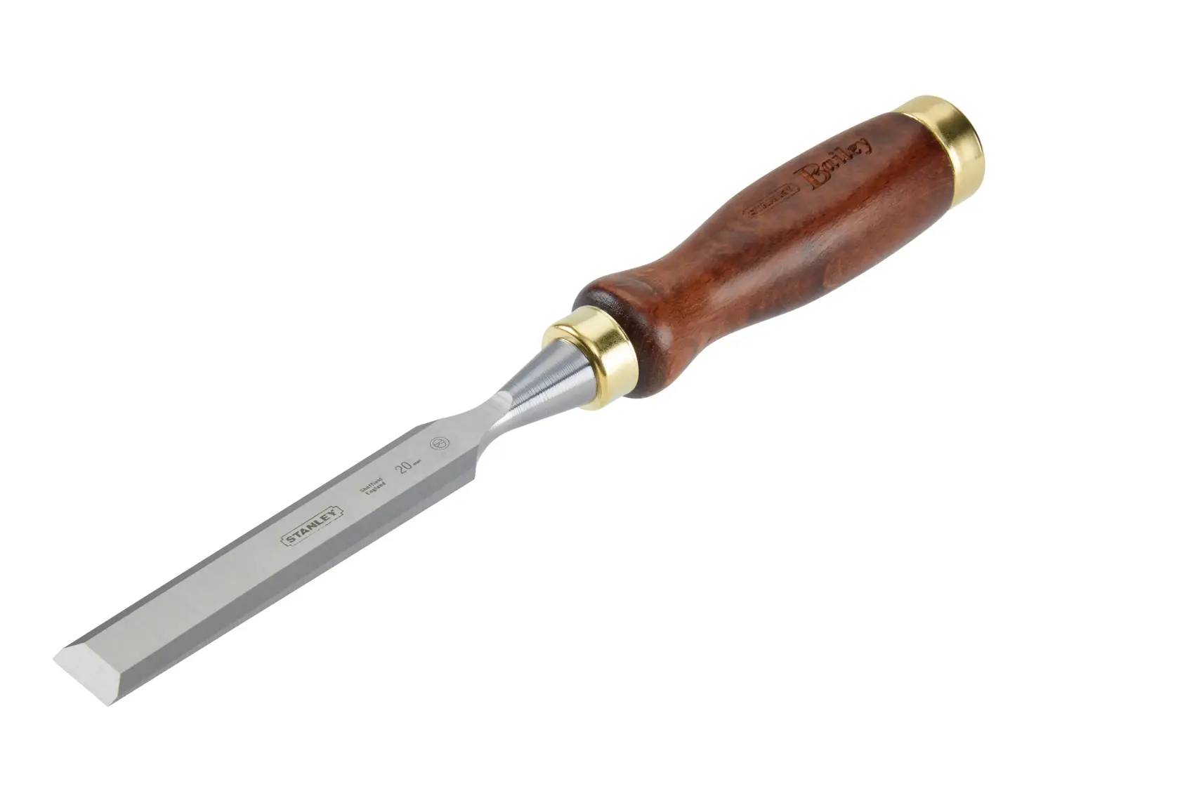 STANLEY 2-16-390 Holzmeißel mit polierter Stahlklinge und braunem Holzgriff, Produktfoto im Winkel.