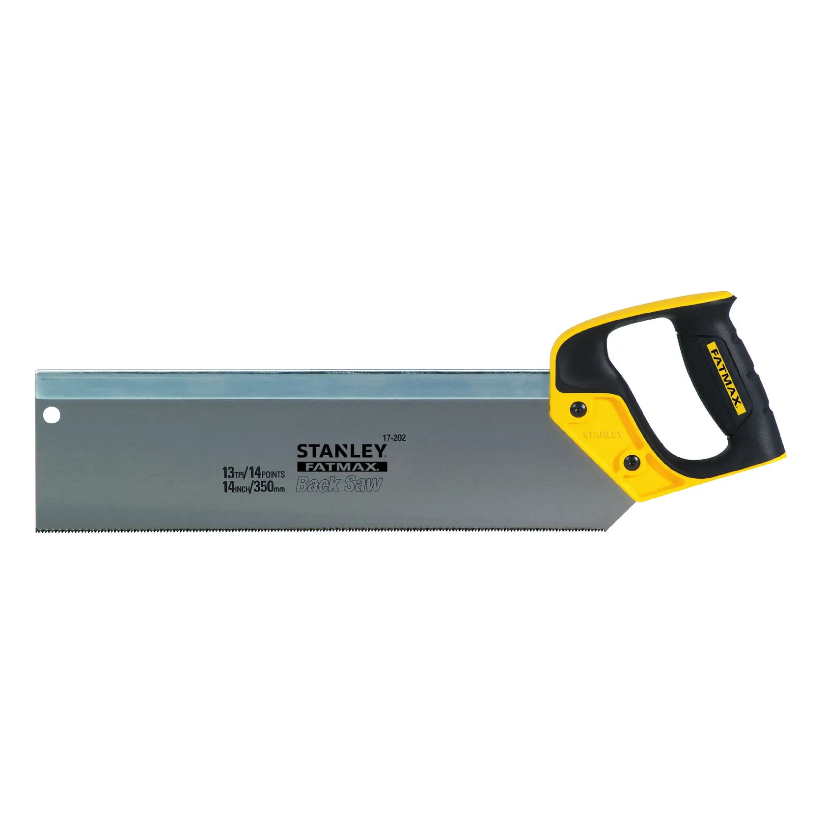 Stanley Fatmax Rückensäge mit gelb-schwarzem Griff und Stahlblatt, geeignet für präzise Holzschnitte.