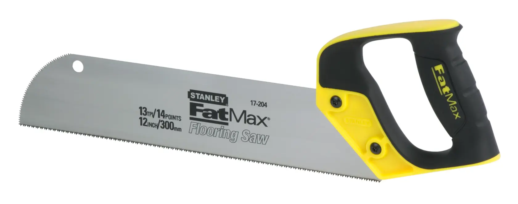 Foto der STANLEY 2-17-204 FatMax Bodensäge mit ergonomischem Griff in Schwarz und Gelb, Seitenansicht auf weißem Hintergrund.