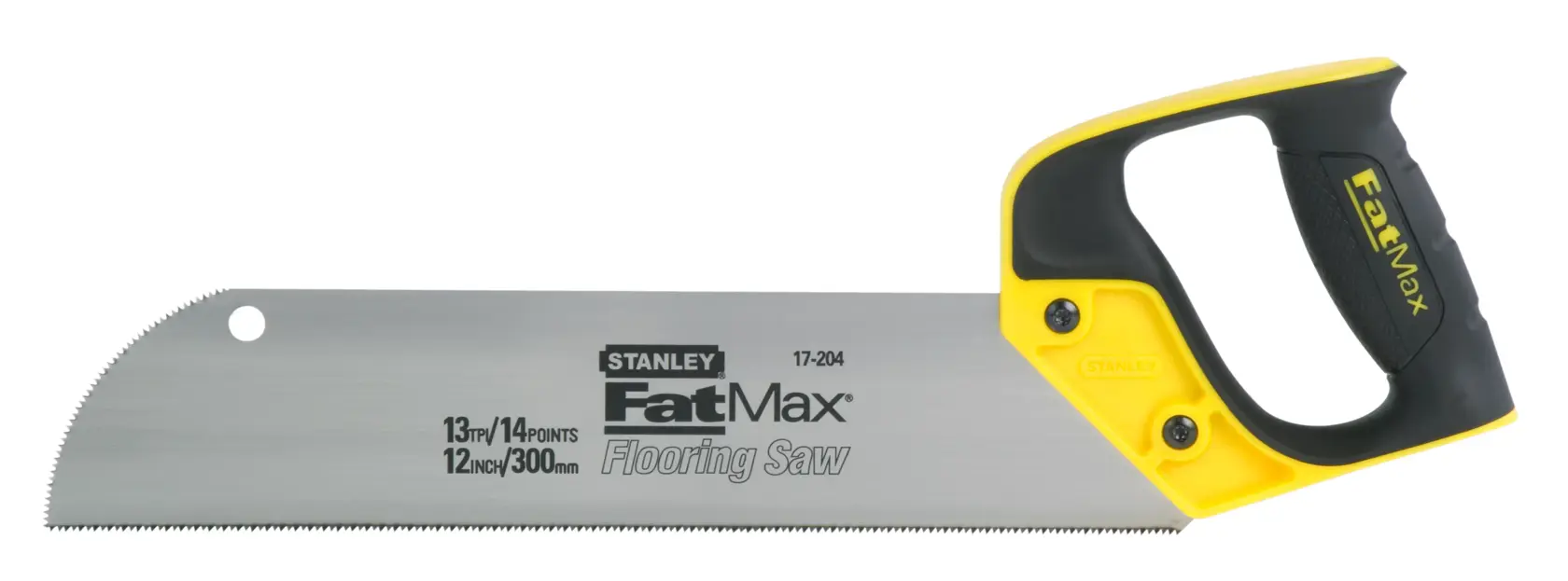 Foto der STANLEY 2-17-204 FatMax Bodenleger-Säge mit gelb-schwarzem Griff, gerader Klinge, schräge Ansicht auf weißem Hintergrund.