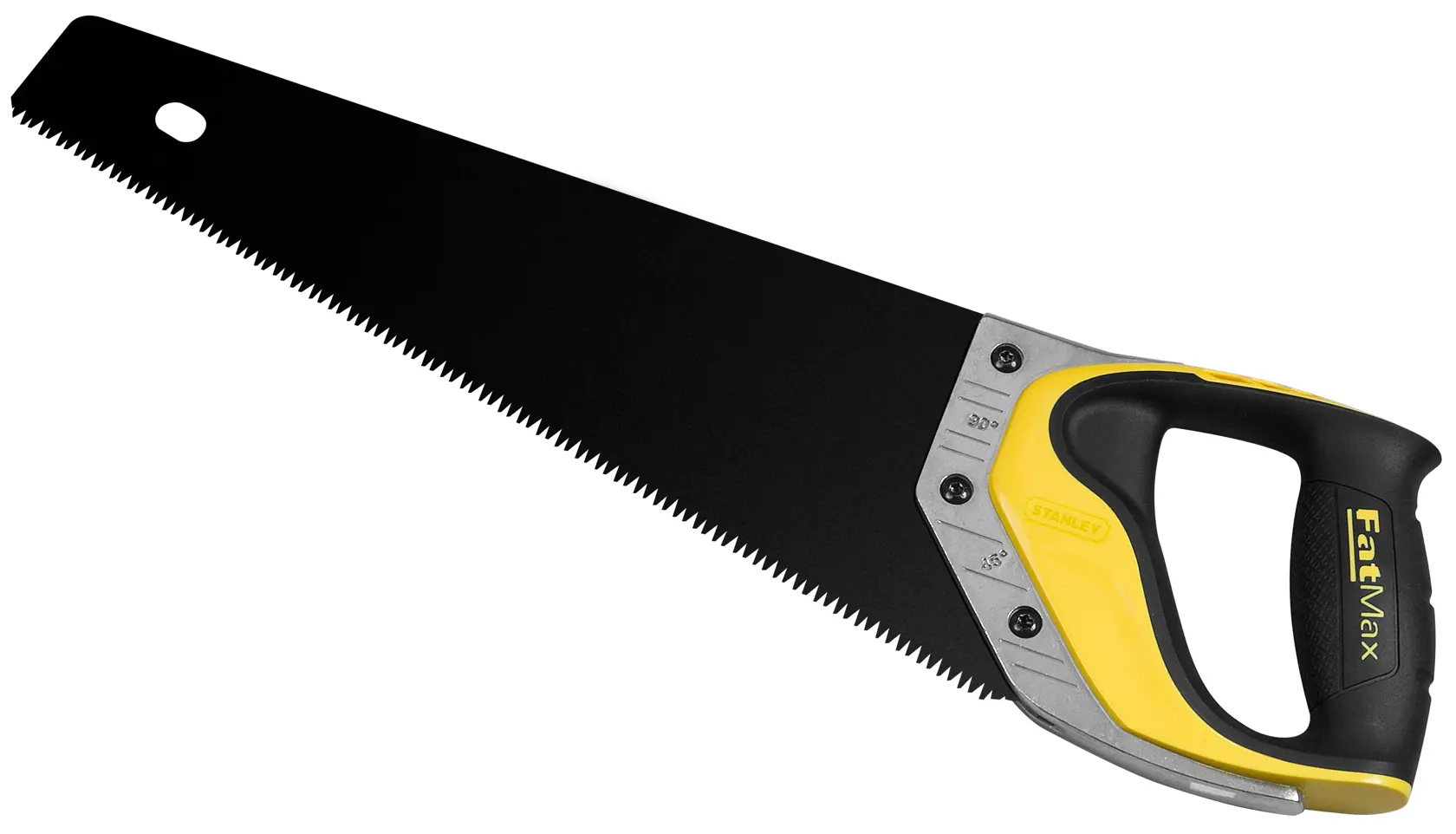 STANLEY 2-20-528 FatMax Handsäge, schwarze Klinge, gelb-schwarzer ergonomischer Griff, Frontansicht auf weißem Hintergrund.