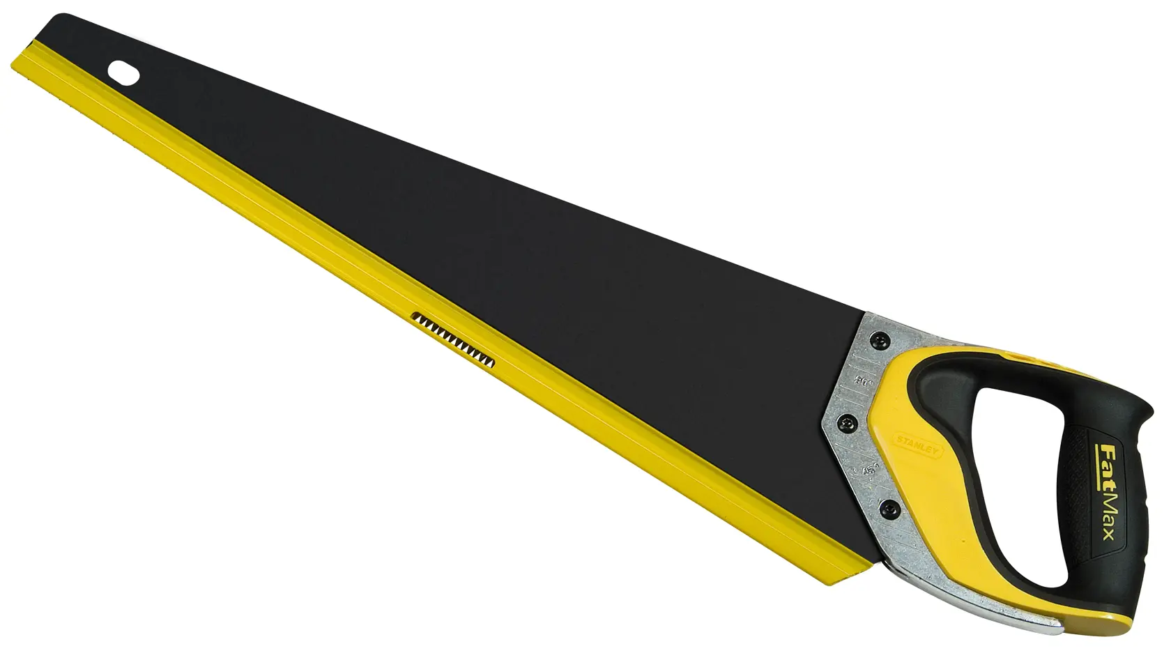 Foto der STANLEY 2-20-529 Handsäge, schwarze und gelbe Klinge mit ergonomischem Griff, FatMax Serie, Seitenansicht.