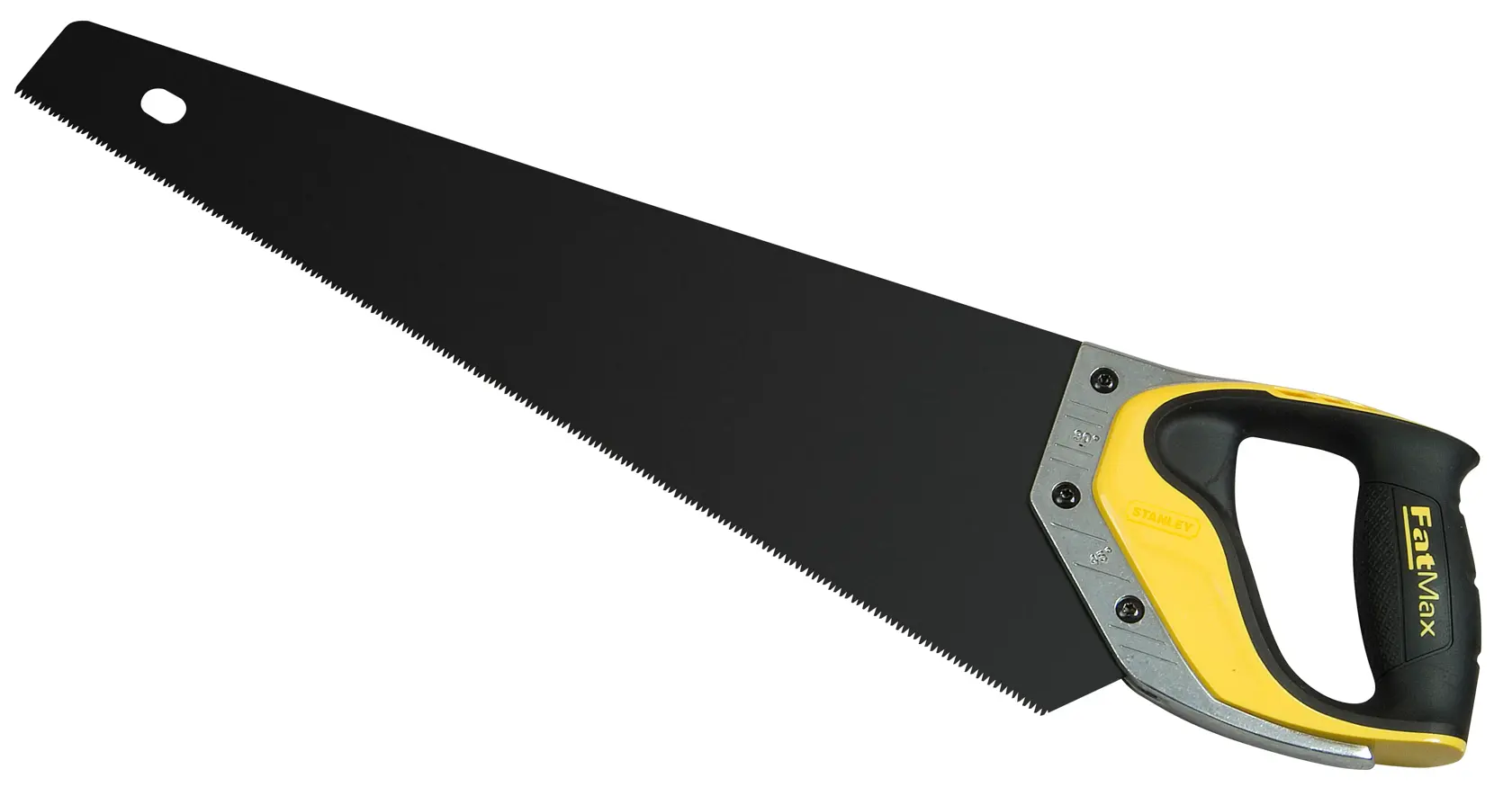 STANLEY 2-20-533 Handsäge mit schwarzem Sägeblatt und gelb-schwarzem ergonomischem Griff, Seitenansicht, auf weißem Hintergrund.