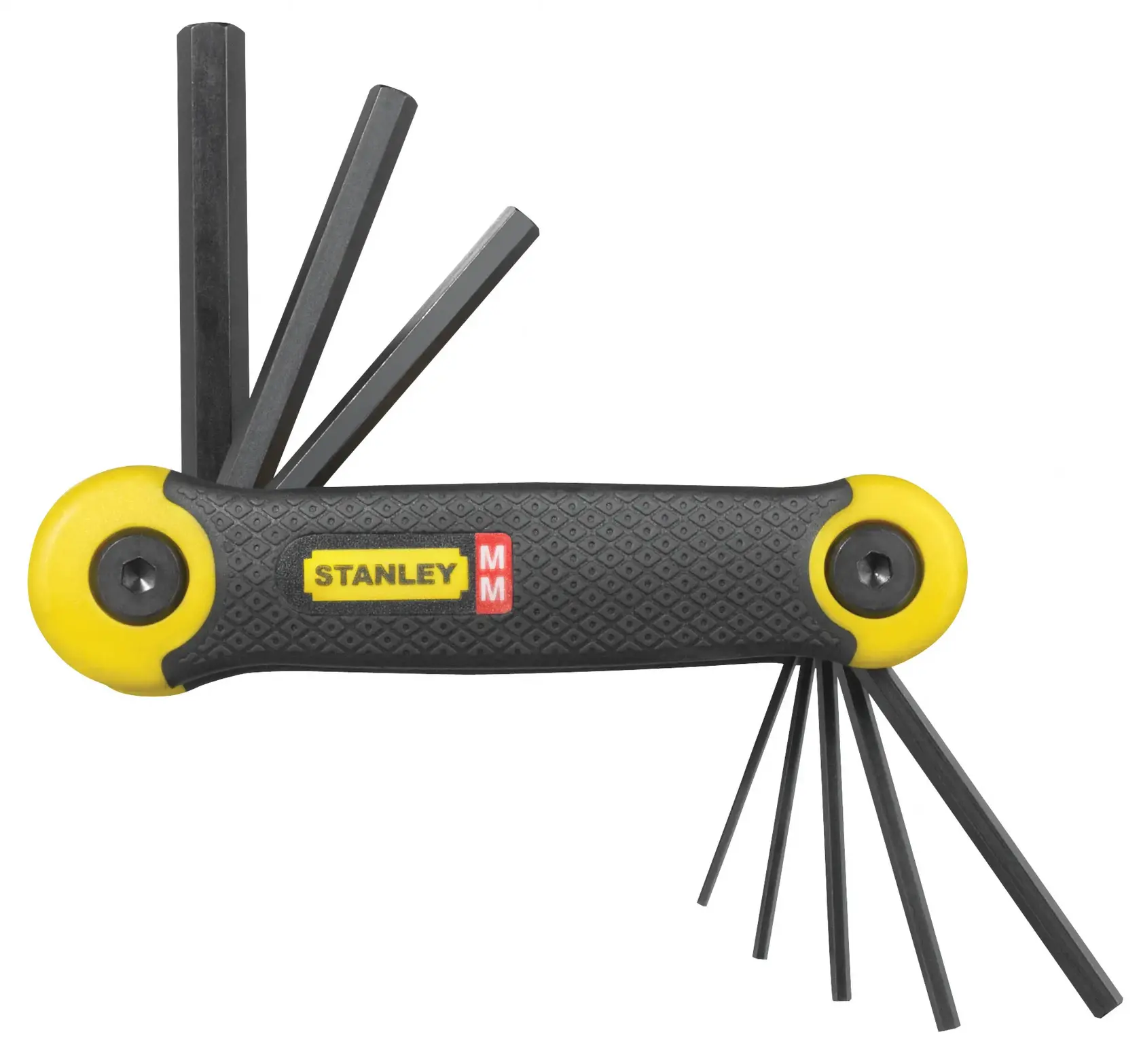 STANLEY 2-69-264 Klapp-Schlüsselsatz, schwarz-gelber Griff, Vorderansicht, mehrere Schlüssel ausgeklappt.