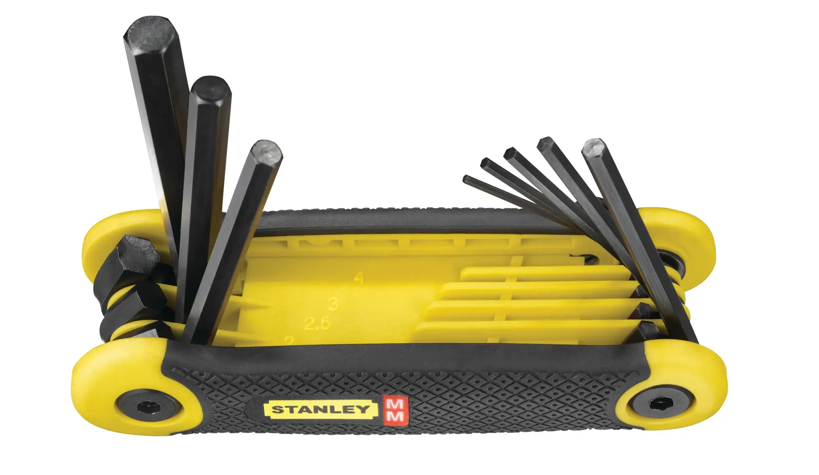 STANLEY 2-69-264 gelb-schwarzer Innensechskantschlüsselsatz, Klappdesign, Vorderansicht, Werkzeug.