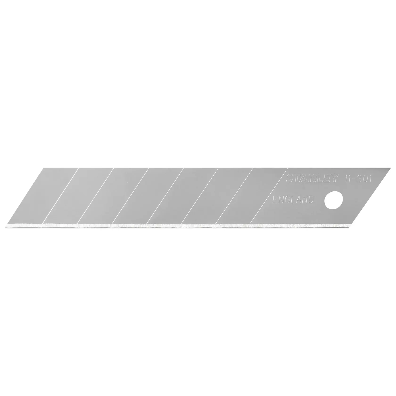 STANLEY 3-11-301 Abbrechklinge, silber, segmentiertes Design, Seitenansicht auf weißem Hintergrund.