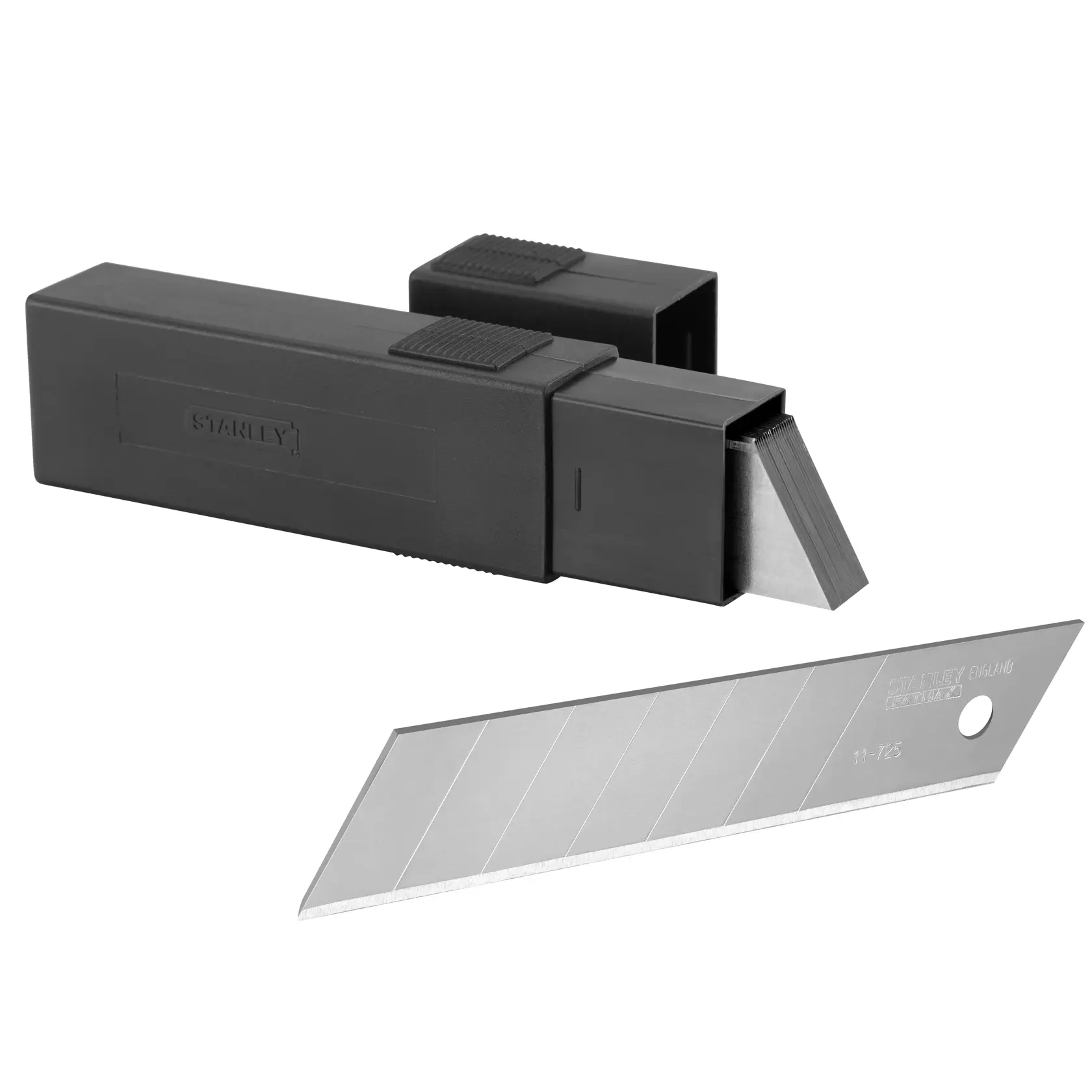 STANLEY 3-11-725 Abbrechklingen mit schwarzer Kunststoffbox, schräge Seitenansicht auf weißem Hintergrund.