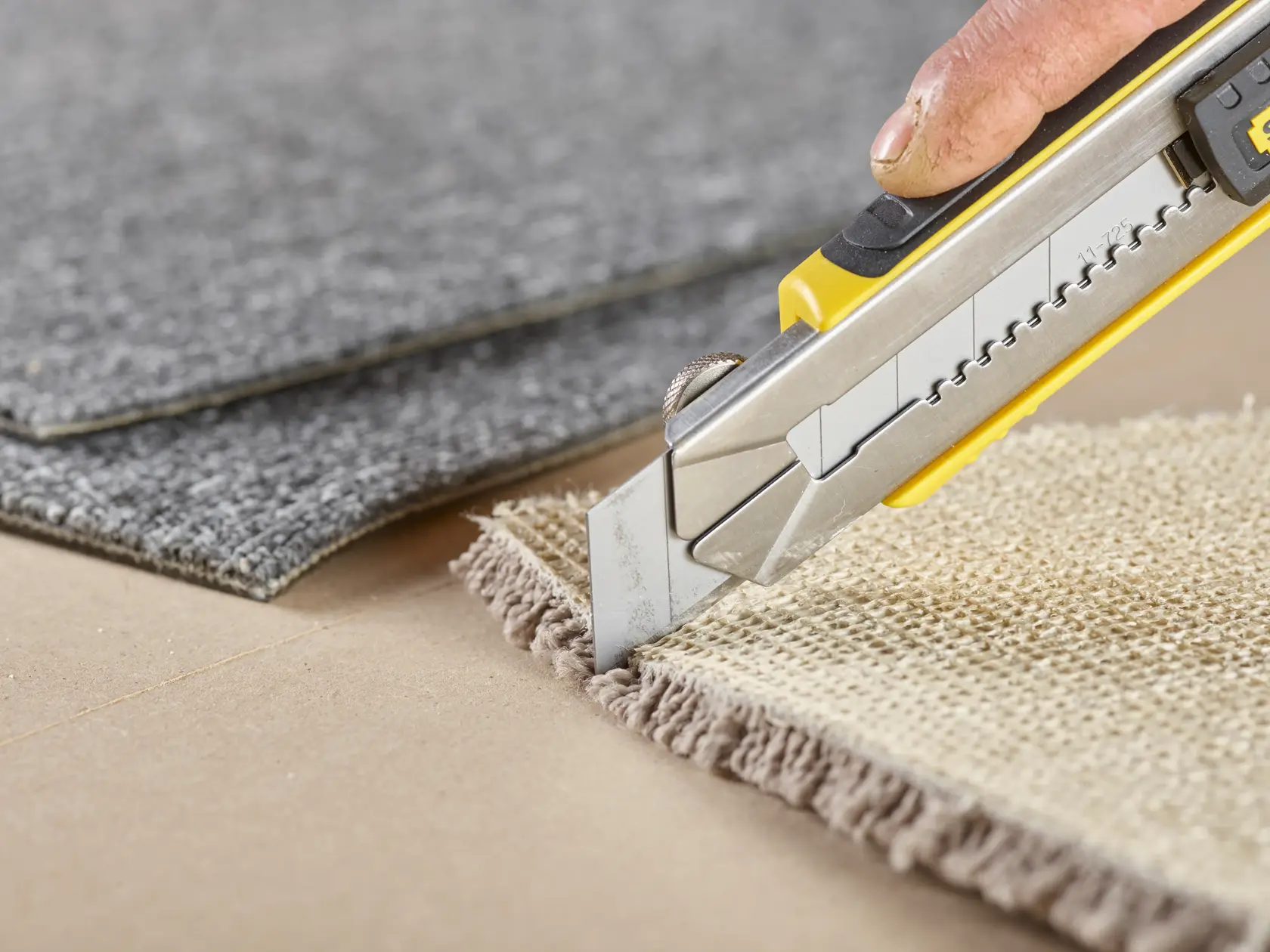 STANLEY 3-11-725 Universalmesser schneidet beige Teppichfliese, Nahaufnahme, Produkt in Anwendung.