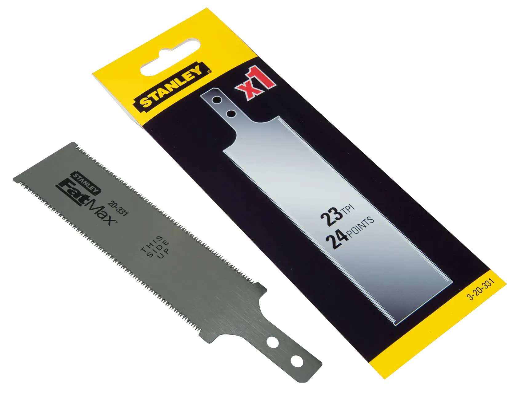Foto des STANLEY 3-20-331 Sägeblatts für Holzbearbeitung mit Verpackung, silbernes Finish, FatMax-Serie.