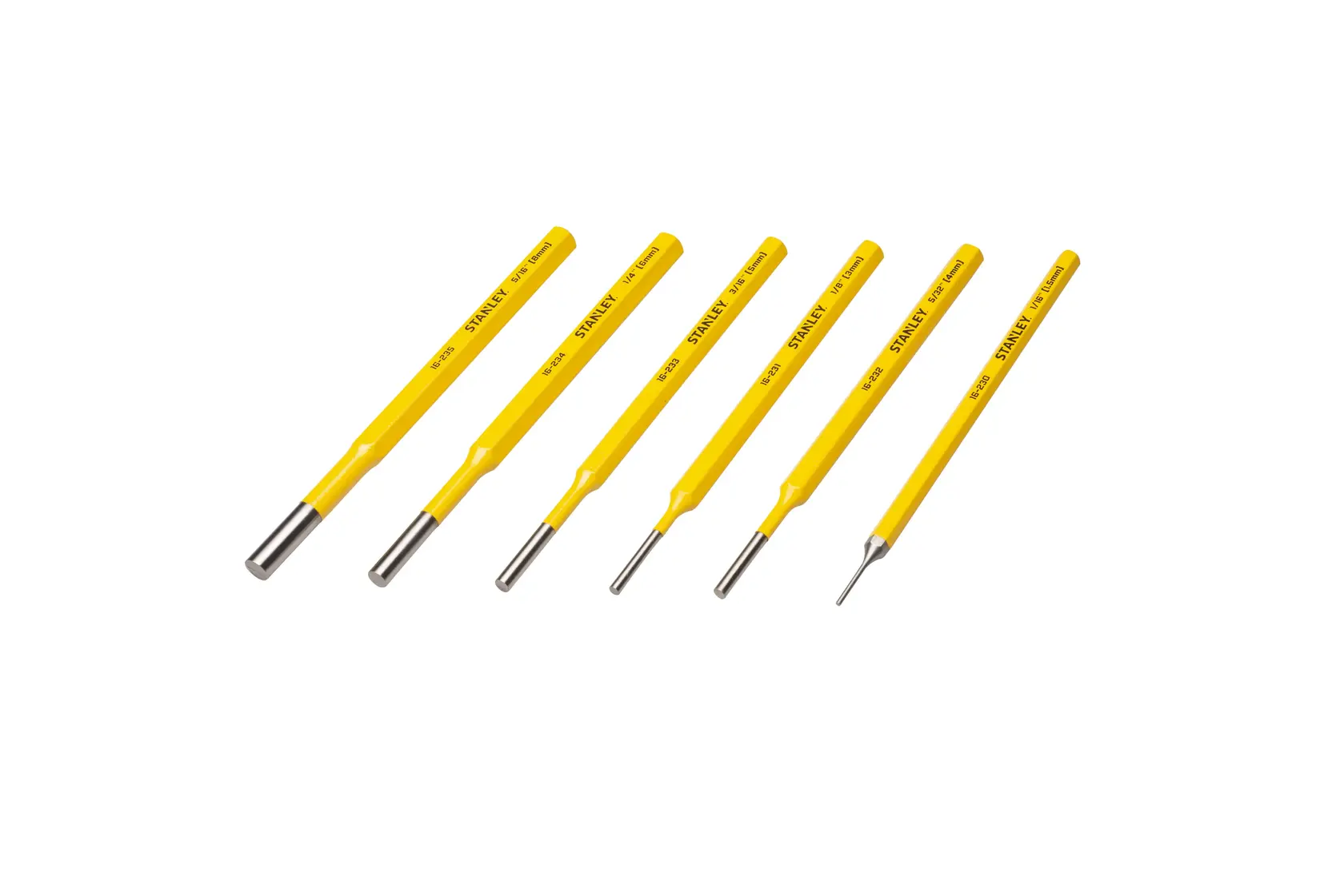 Foto des STANLEY 4-18-226 Stiftausdreher-Sets mit gelbem Griff, sechs Stück auf weißem Hintergrund.