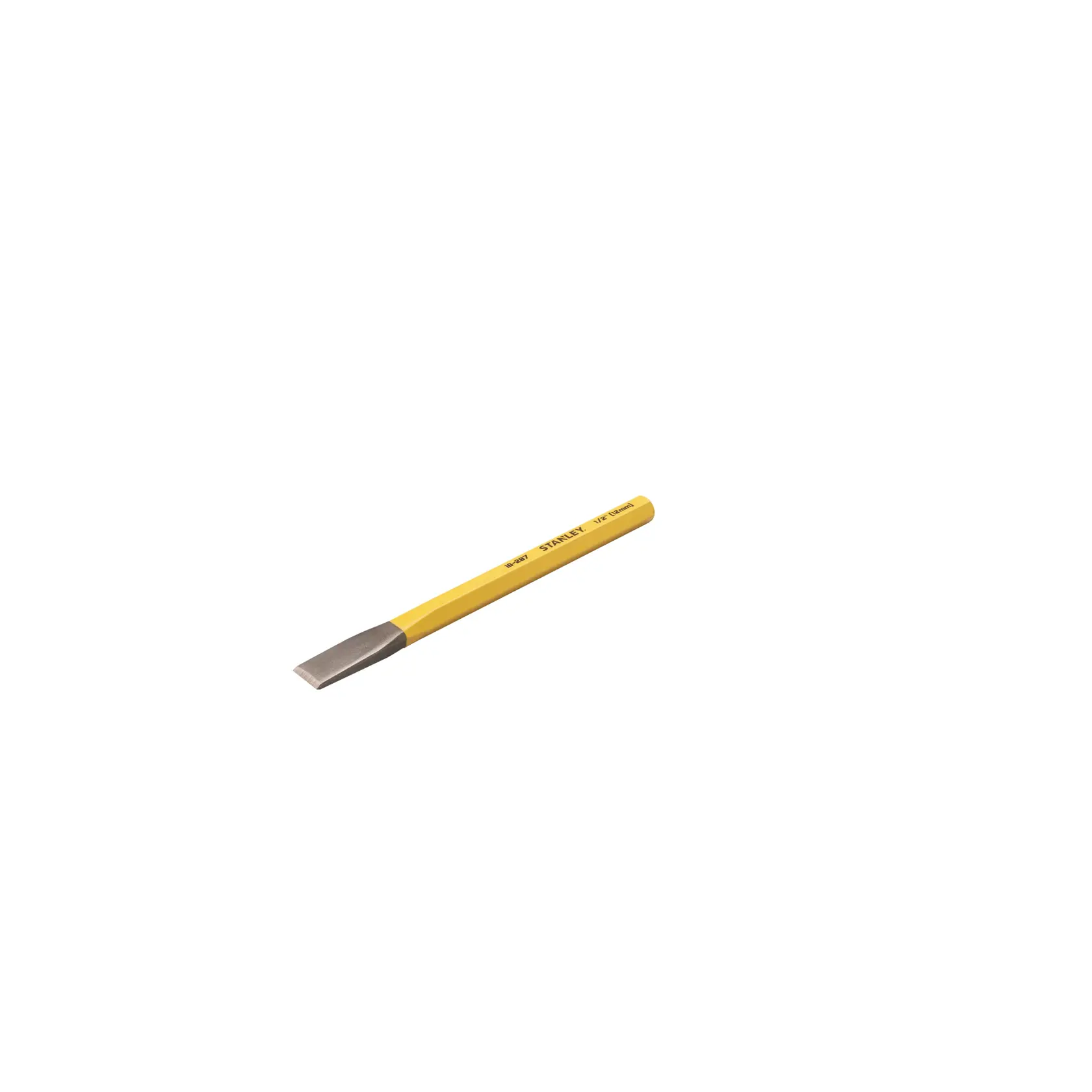 Foto des STANLEY 4-18-287 Kaltmeißels mit gelbem Griff, flacher Kante, Produkt im Winkel auf weißem Hintergrund.