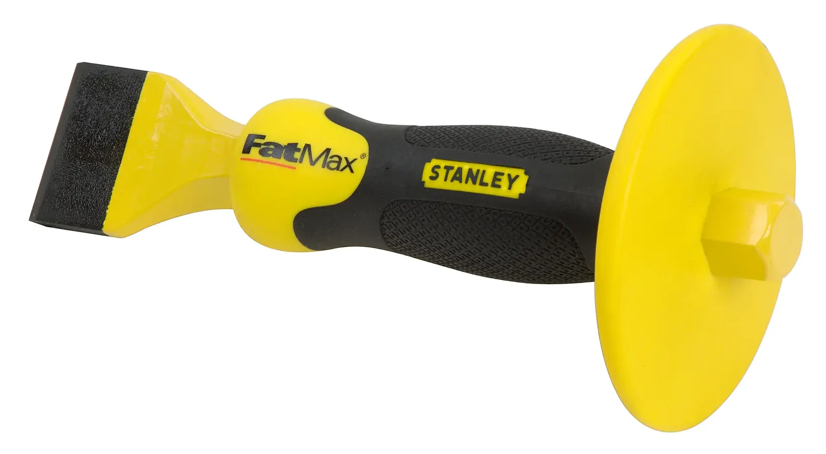 STANLEY 4-18-333 FatMax Handmeißel mit schwarzem Griff und gelbem Schutz, Seitenansicht, auf weiß.