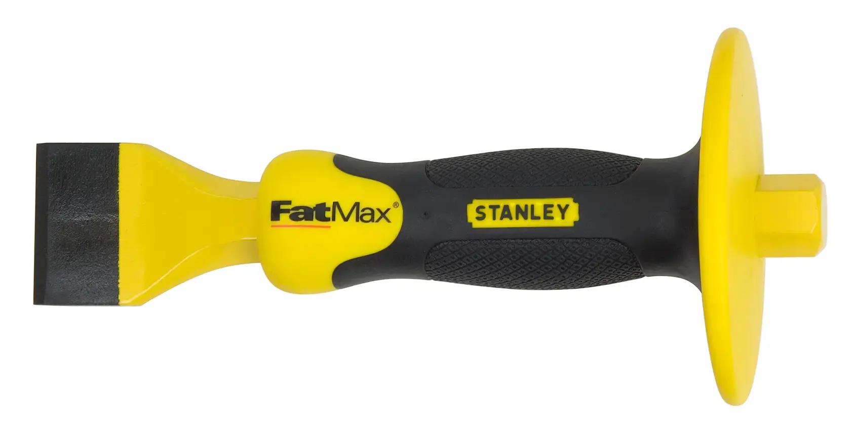 STANLEY 4-18-333 FatMax Meißel, schwarz-gelber Griff, Seitenansicht auf weißem Hintergrund.