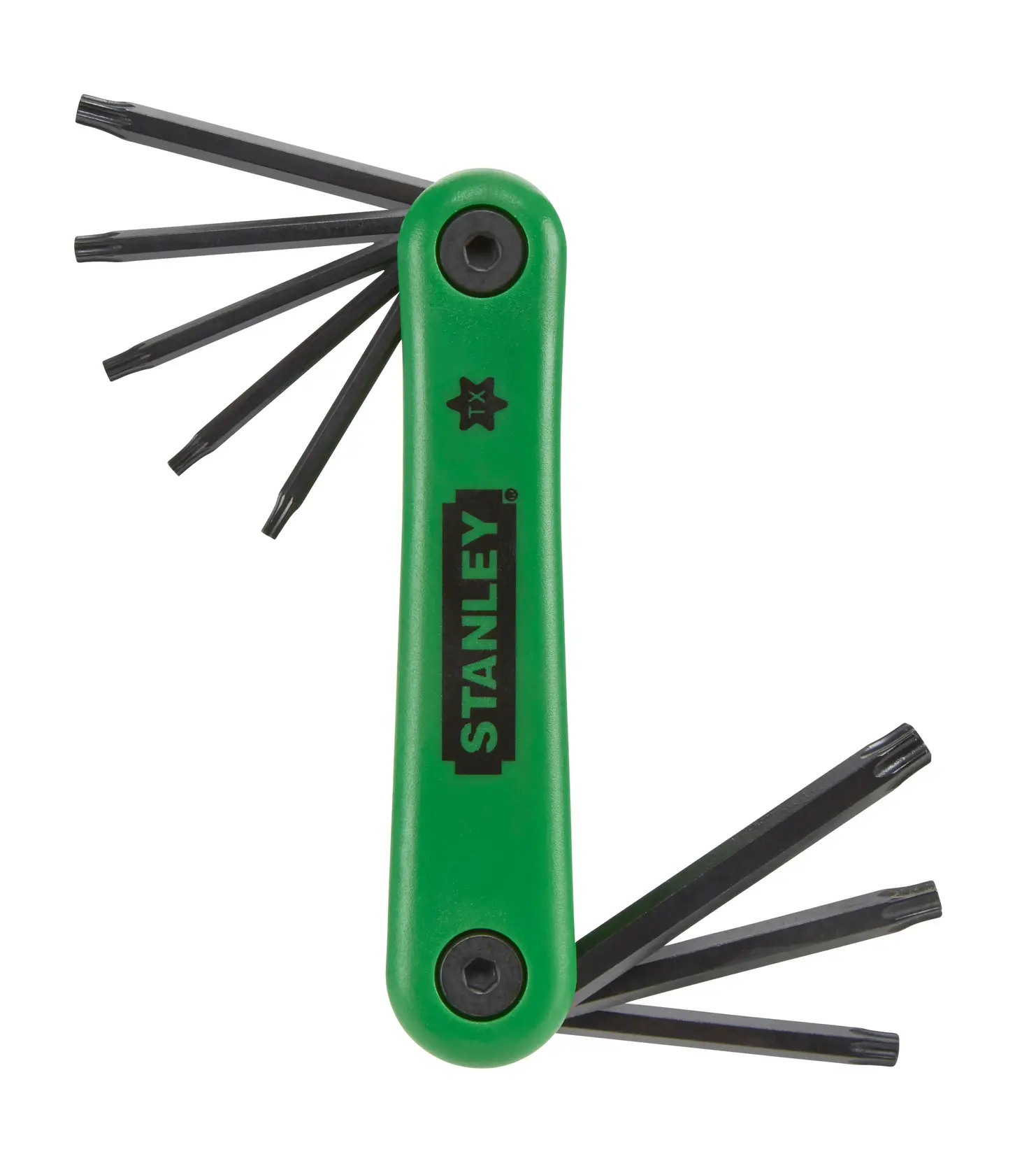 STANLEY 4-69-263 grünes Klapp-Torx-Schlüsselsatz, Fotografie, Vorderansicht, Schlüssel ausgeklappt.