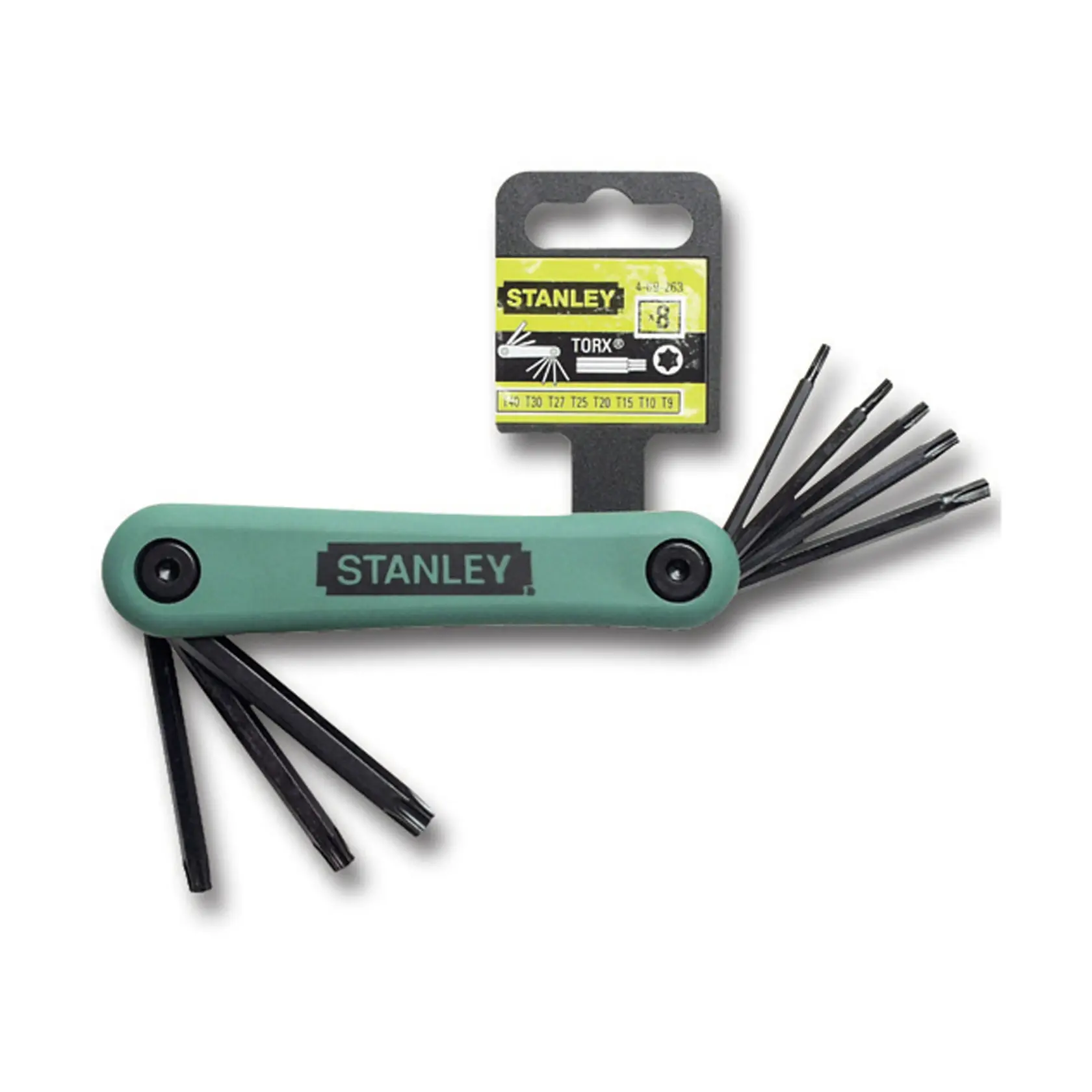 STANLEY 4-69-263 Torx-Schlüsselsatz mit grünem Griff, aufgefaltet, Vorderansicht, weißer Hintergrund.