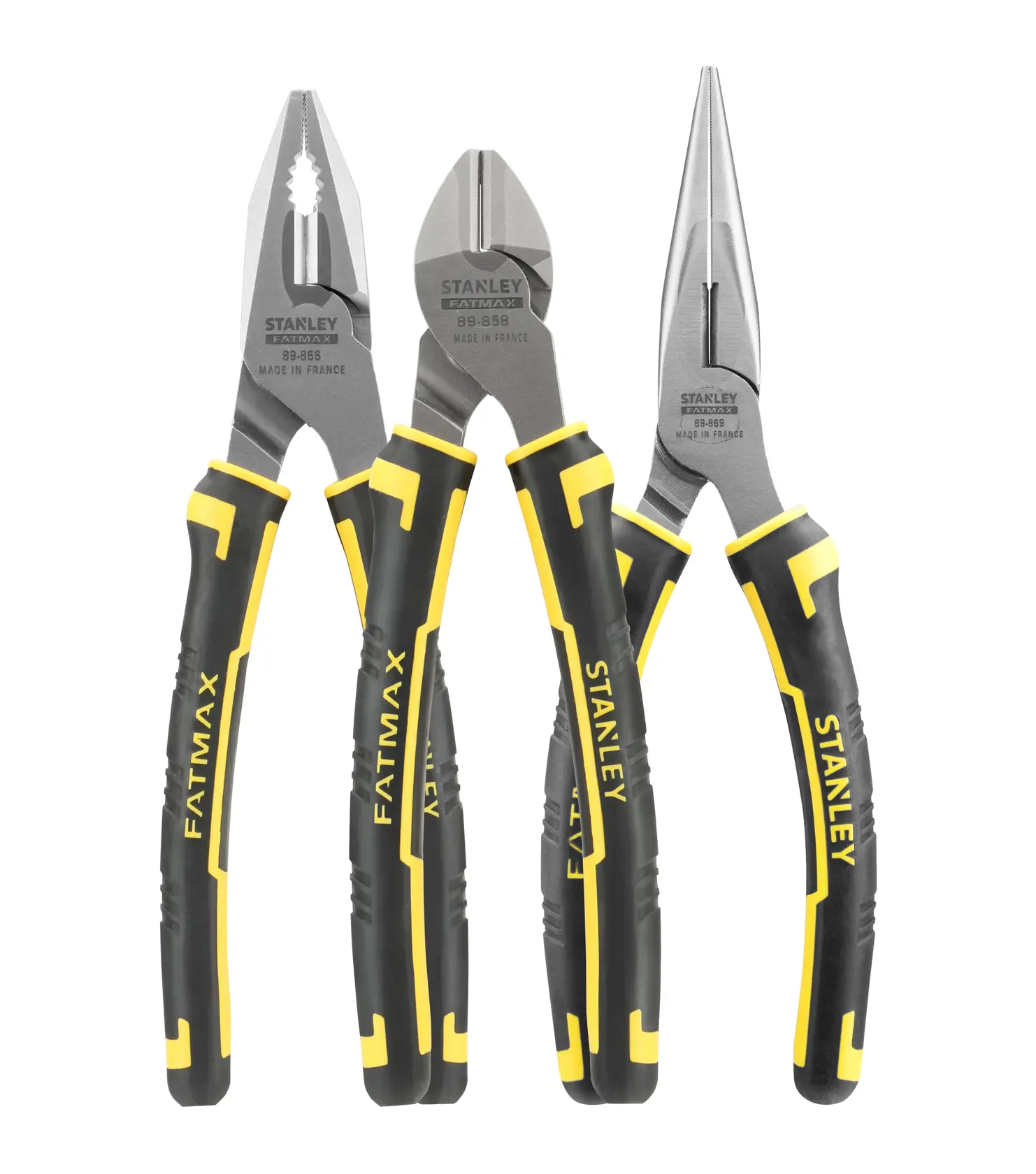 Drei STANLEY FatMax Zangen mit schwarz-gelben Griffen, ideal zum Greifen, Schneiden und Biegen.