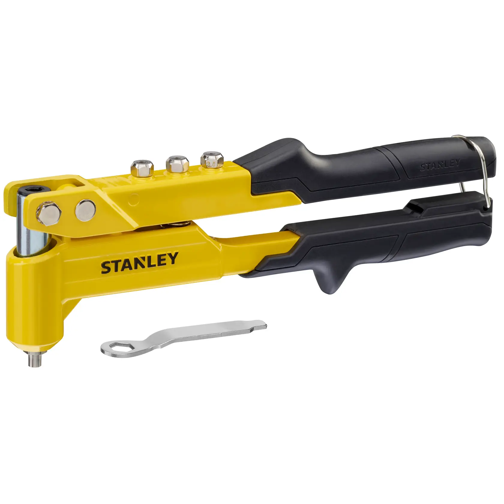 STANLEY 6-MR100 gelb-schwarze Handnietzange mit Schlüssel, Seitenansicht auf weißem Hintergrund.