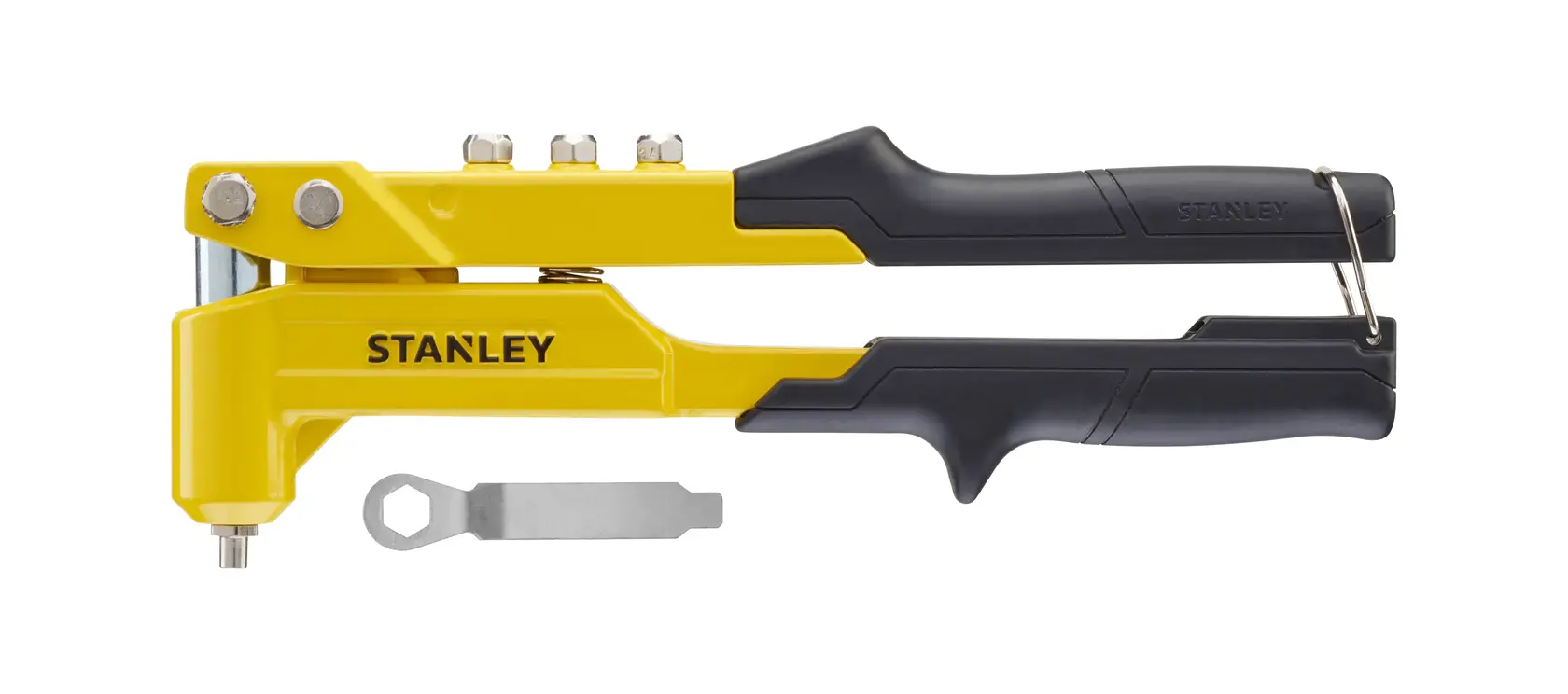STANLEY 6-MR100 gelb-schwarzer Handnietzange mit Schlüssel, Seitenansicht auf weißem Hintergrund.