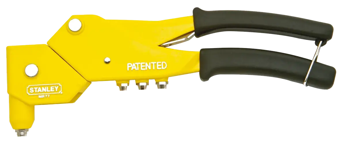 STANLEY 6-MR77 gelbes Handnietgerät mit schwarzen Griffen, Seitenansicht, Produktfoto vor weißem Hintergrund.