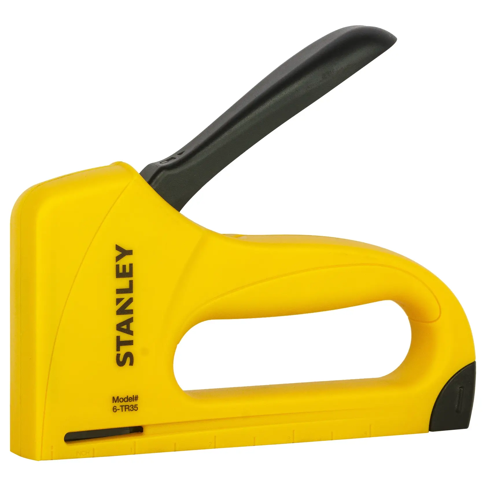 STANLEY 6-TR35 gelbe Heftmaschine Seitenansicht mit schwarzem Griff, Fotografie vor weißem Hintergrund.