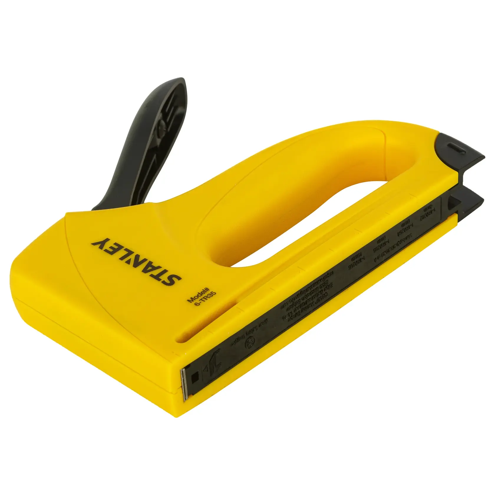 STANLEY 6-TR35 gelber Handtacker, Seitenansicht, mit schwarzem Griff, Fotografie Produktbild.