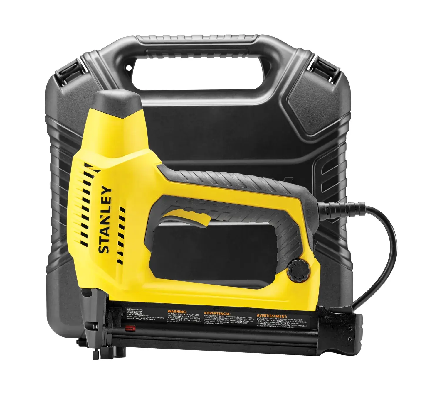 STANLEY 6-TRE650 Elektrotacker mit gelb-schwarzem Gehäuse, Vorderansicht, vor einem Hartschalenkoffer platziert.