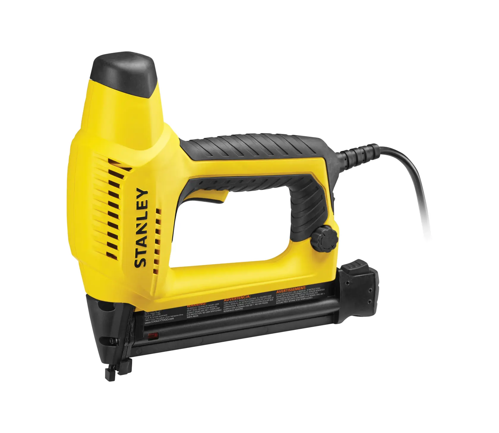 STANLEY 6-TRE650 Elektrotacker Seitenansicht, gelb und schwarz mit Kabel, Fotografie vor weißem Hintergrund.