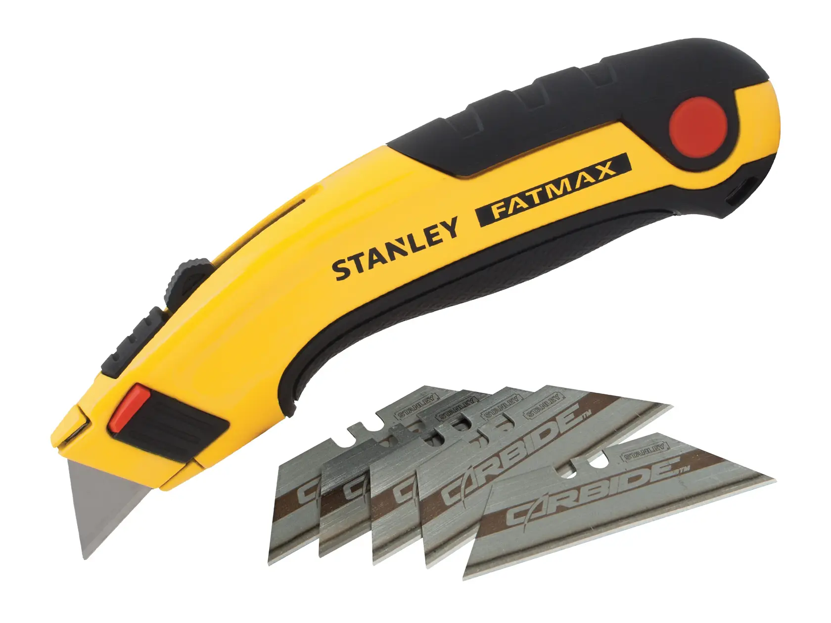 Foto vom STANLEY 7-10-778 Universalmesser mit gelb-schwarzem Griff und fünf Ersatzklingen, Seitenansicht.