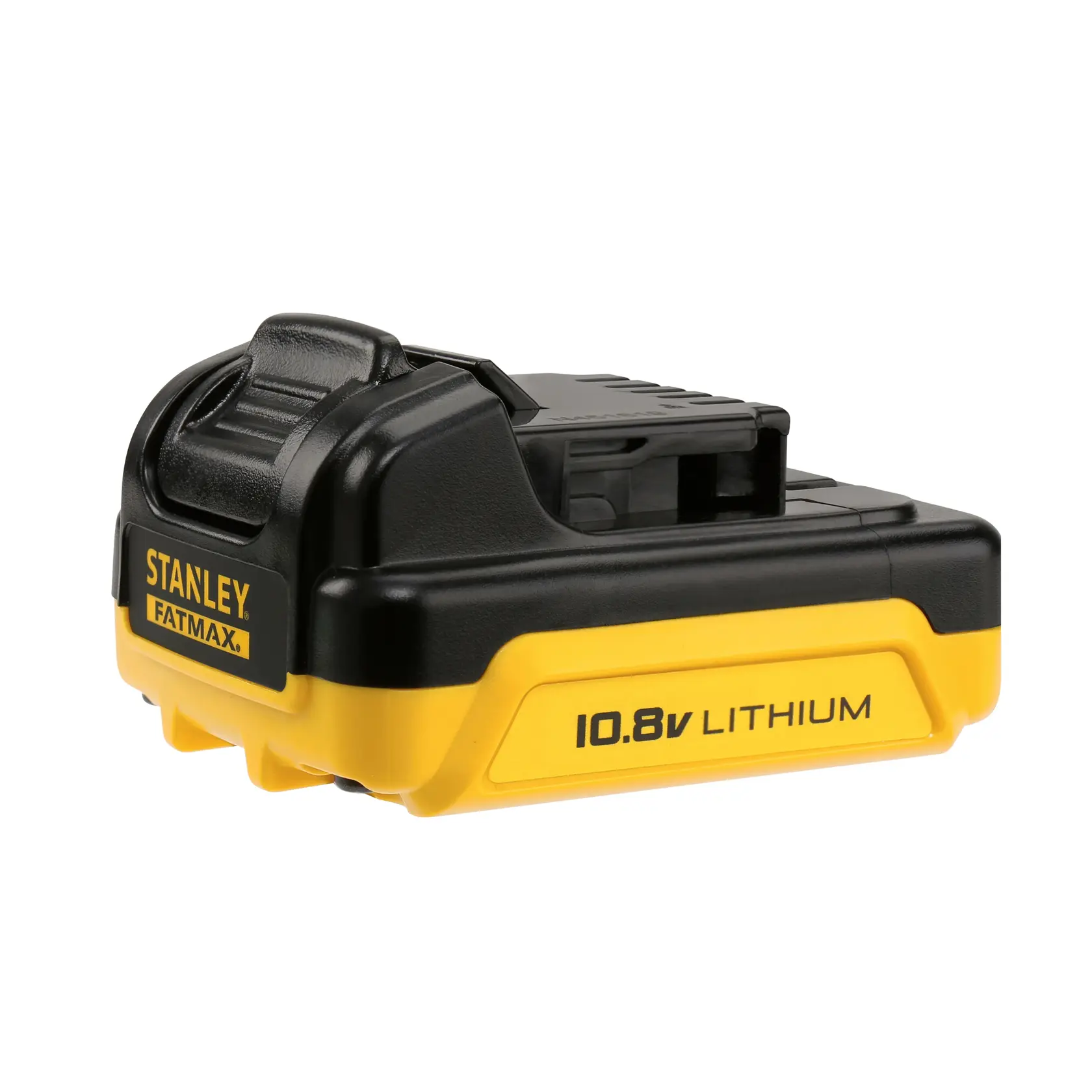 STANLEY FMC011S2 Lithium-Batterie 10,8V, gelb und schwarz, Frontansicht seitlich, Fotografieprodukt.
