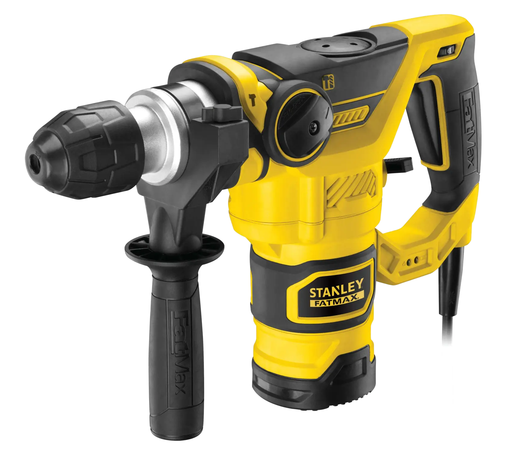 STANLEY FME1250K gelb-schwarzer Bohrhammer, Vorderansicht auf weißem Hintergrund.