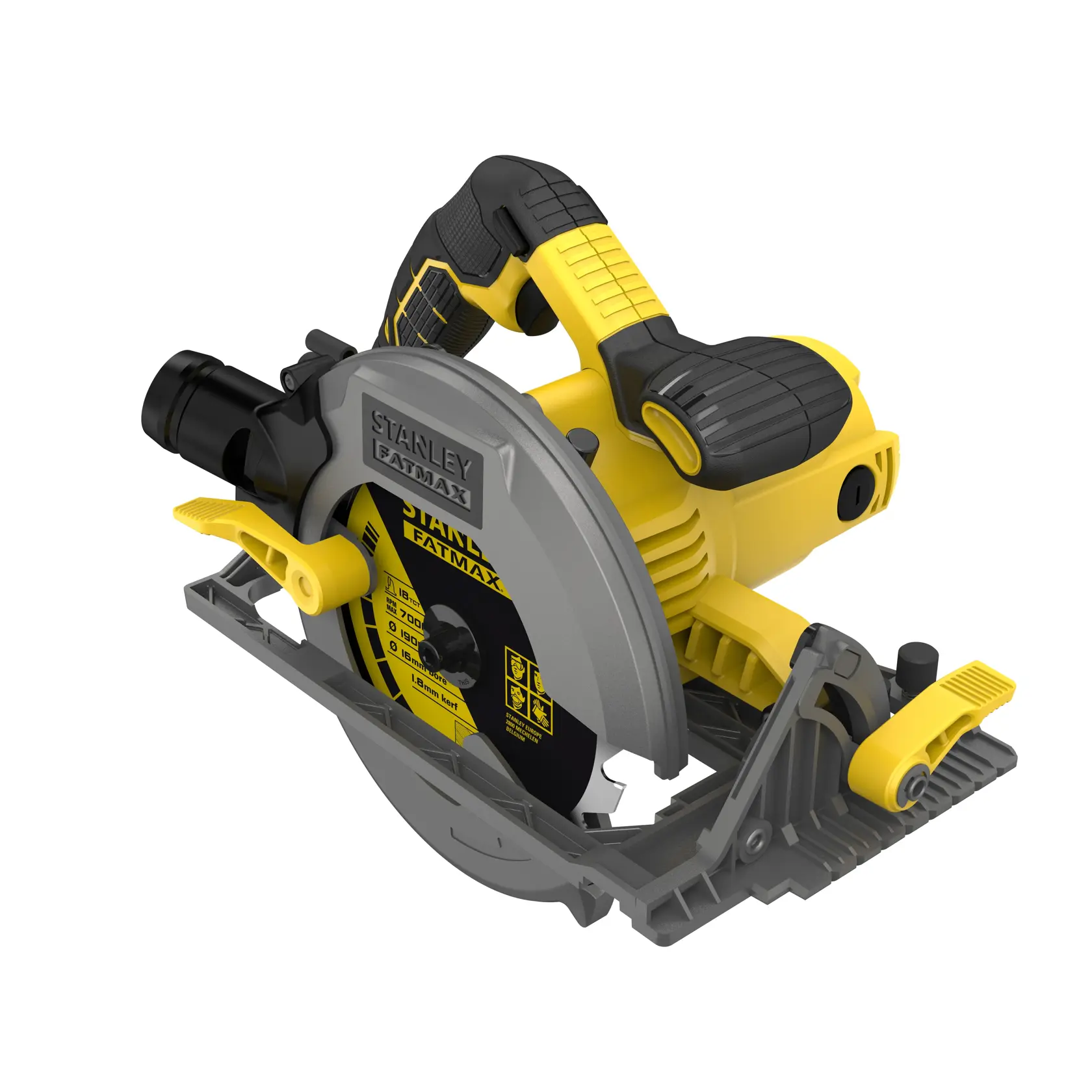 STANLEY FME301K Kreissäge in Gelb und Schwarz, Seitenansicht, mit sichtbarem Sägeblatt und ergonomischem Griff.