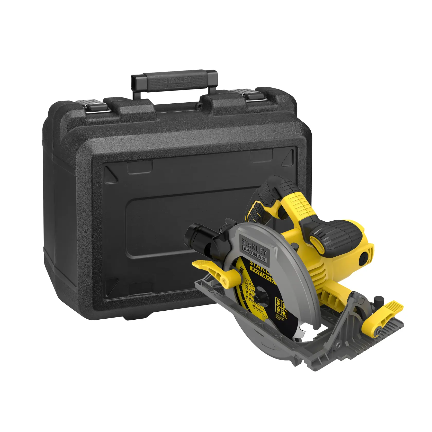 Stanley FME301K Kreissäge mit gelbem Griff und schwarzem Koffer, Vorderansicht auf weißem Hintergrund.
