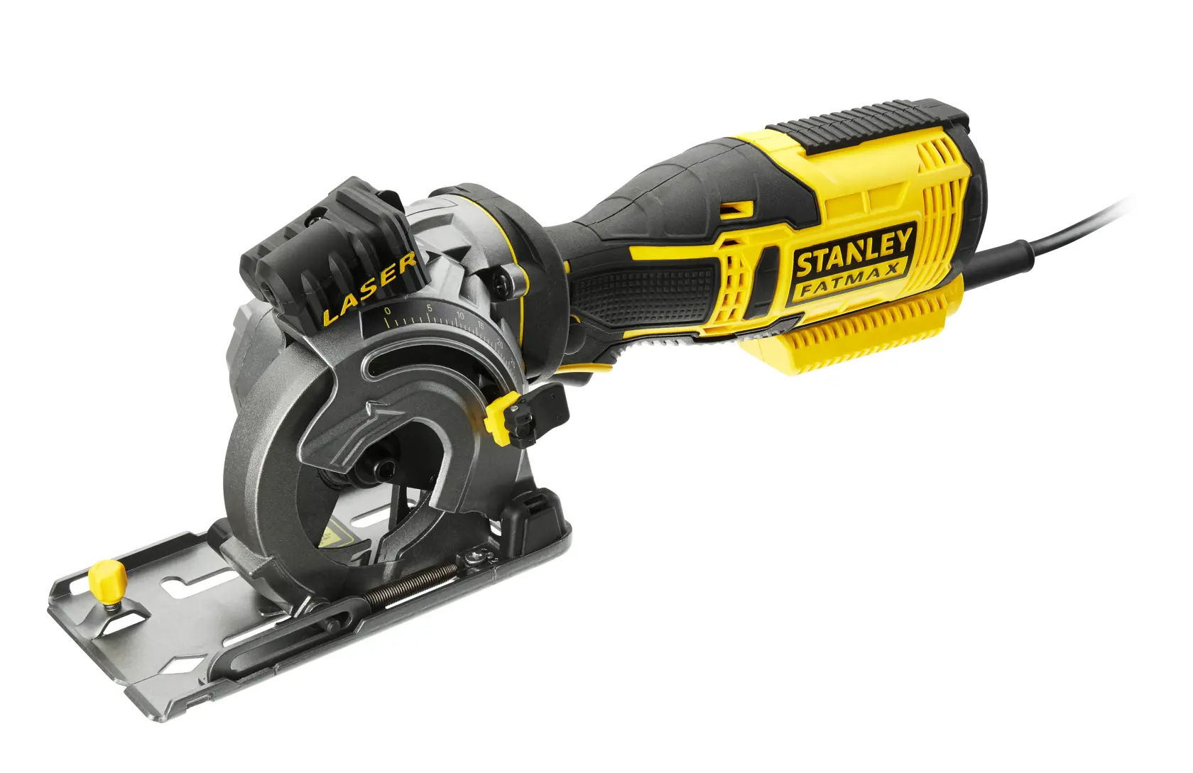 Stanley Fatmax FME380K Mini-Kreissäge mit Laserführung, gelb-schwarz, für präzise Holzzuschnitte.