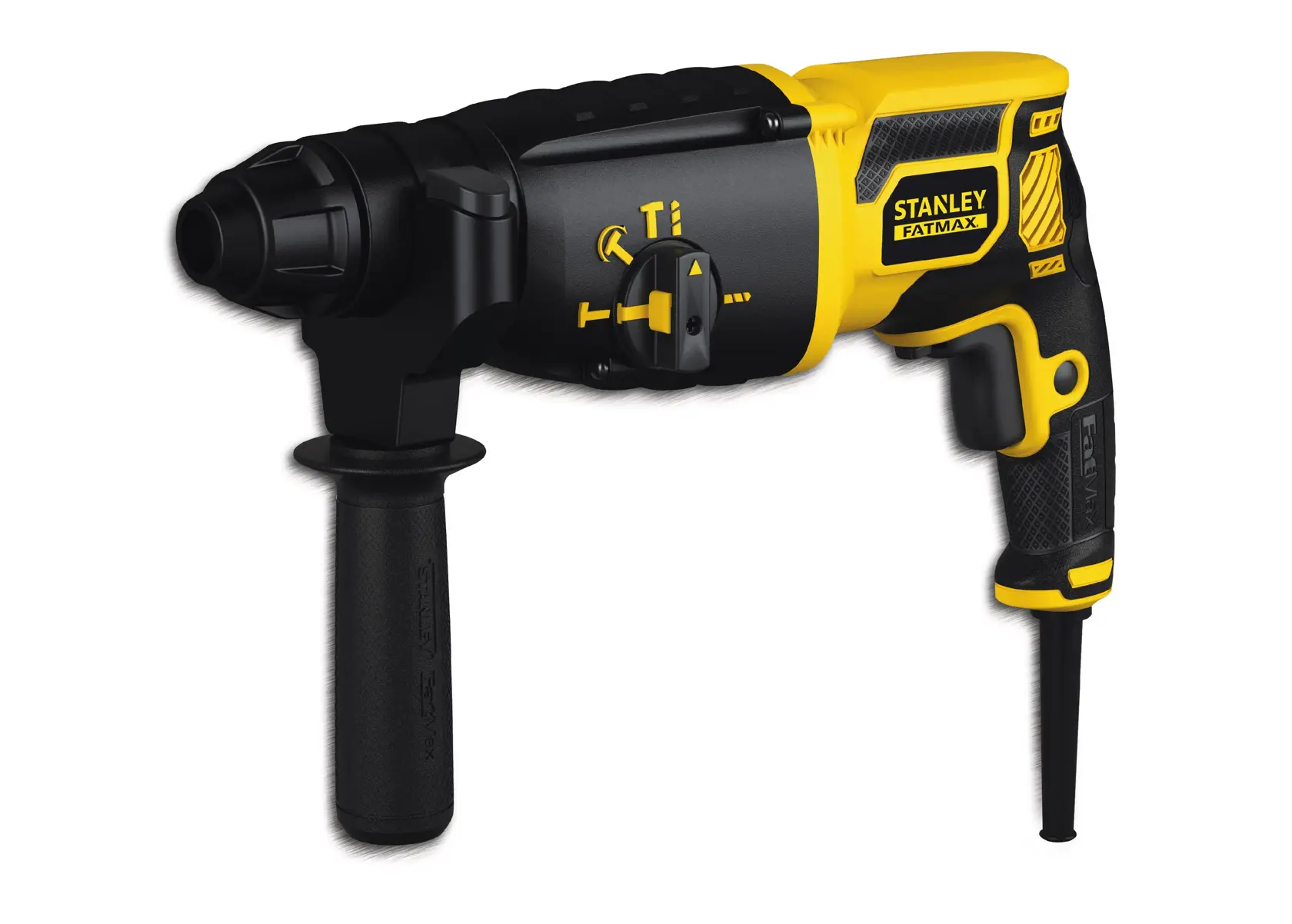 STANLEY FME500K kabelgebundener Bohrhammer mit Zusatzgriff, schwarz und gelb, linke Seitenansicht vor weißem Hintergrund.