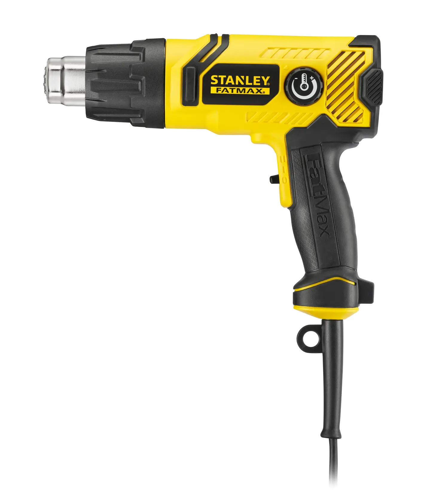 STANLEY FME670K Heißluftpistole gelb-schwarz, rechte Seitenansicht, ergonomischer Griff, Fotografie auf weißem Hintergrund.