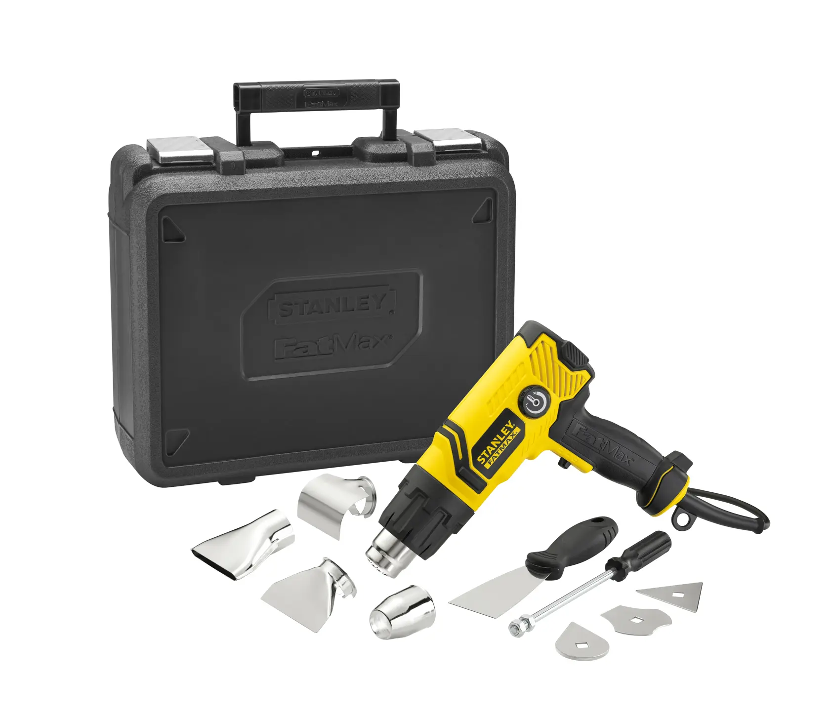 STANLEY FME670K Heißluftgebläse-Set mit gelb-schwarzem Gerät, Düsen, Zubehör und schwarzem Koffer, Vorderansicht.