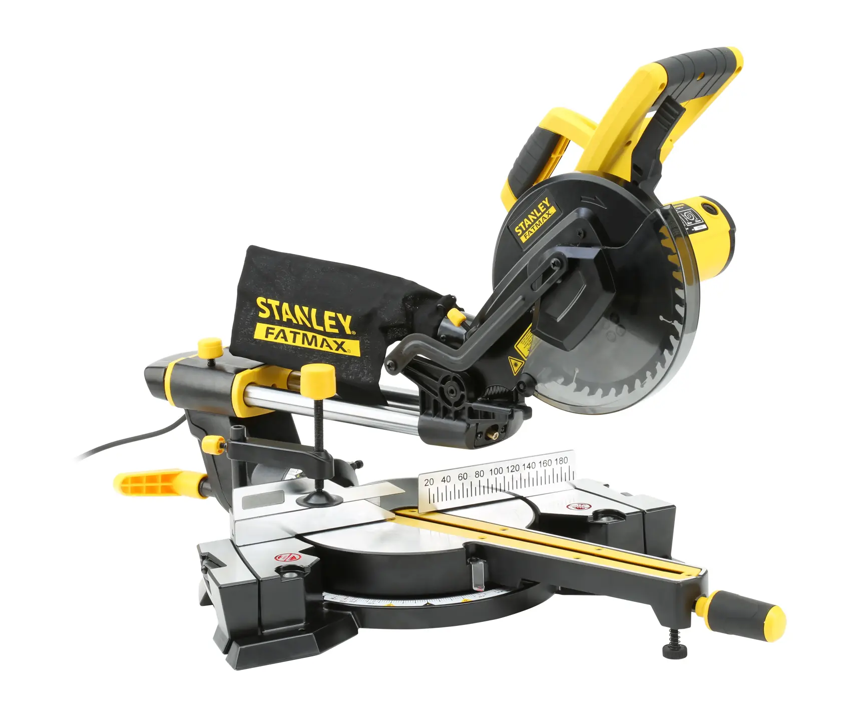 Stanley FatMax Elektrokappsäge mit Messführung und Staubbeutel, geeignet für präzise Schneidarbeiten.
