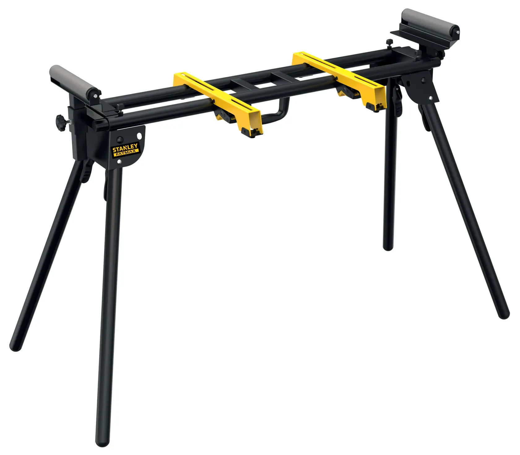 STANLEY FME790 schwarz-gelber Gehrungssägenständer mit klappbaren Beinen, schräge Ansicht, weißer Hintergrund.