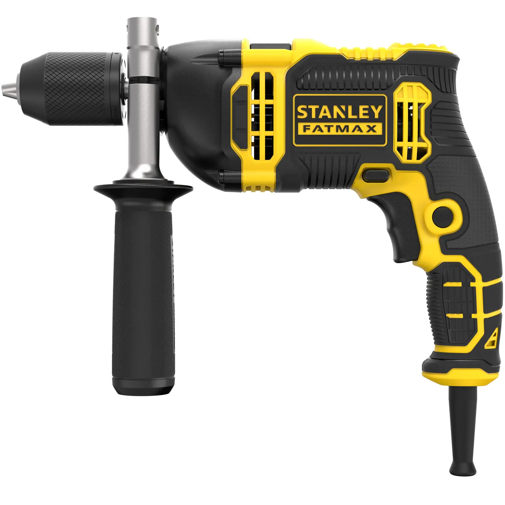 STANLEY FMEH750K kabelgebundene Schlagbohrmaschine, gelb und schwarz, Seitenansicht, mit Zusatzgriff.