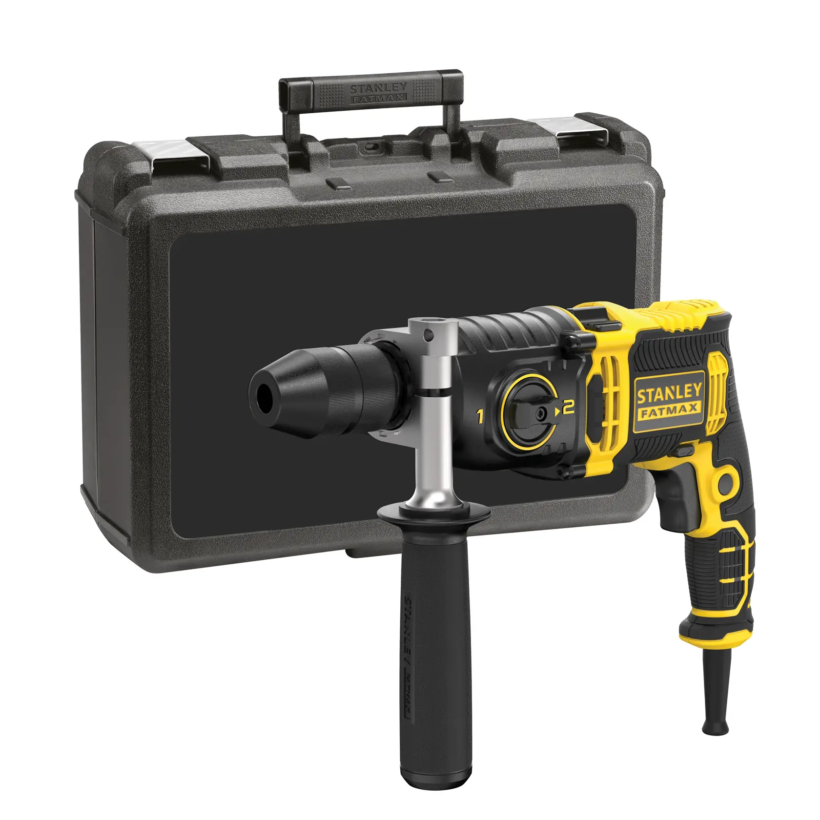 STANLEY FMEH850K Bohrhammer mit Seitenhandgriff und schwarzem Transportkoffer, Vorderansicht.