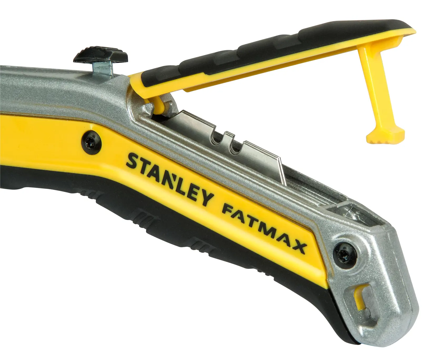 Foto des STANLEY FMHT0-10288 Universalmessers, gelb und schwarz, Seitenansicht mit offenem Klingenfach.