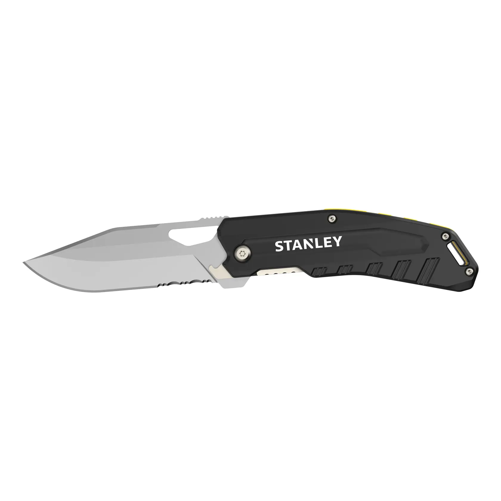 Foto des STANLEY FMHT0-10312 Klapp-Universalmessers, geschlossen, mit grauem Metallgriff, auf weißem Hintergrund.