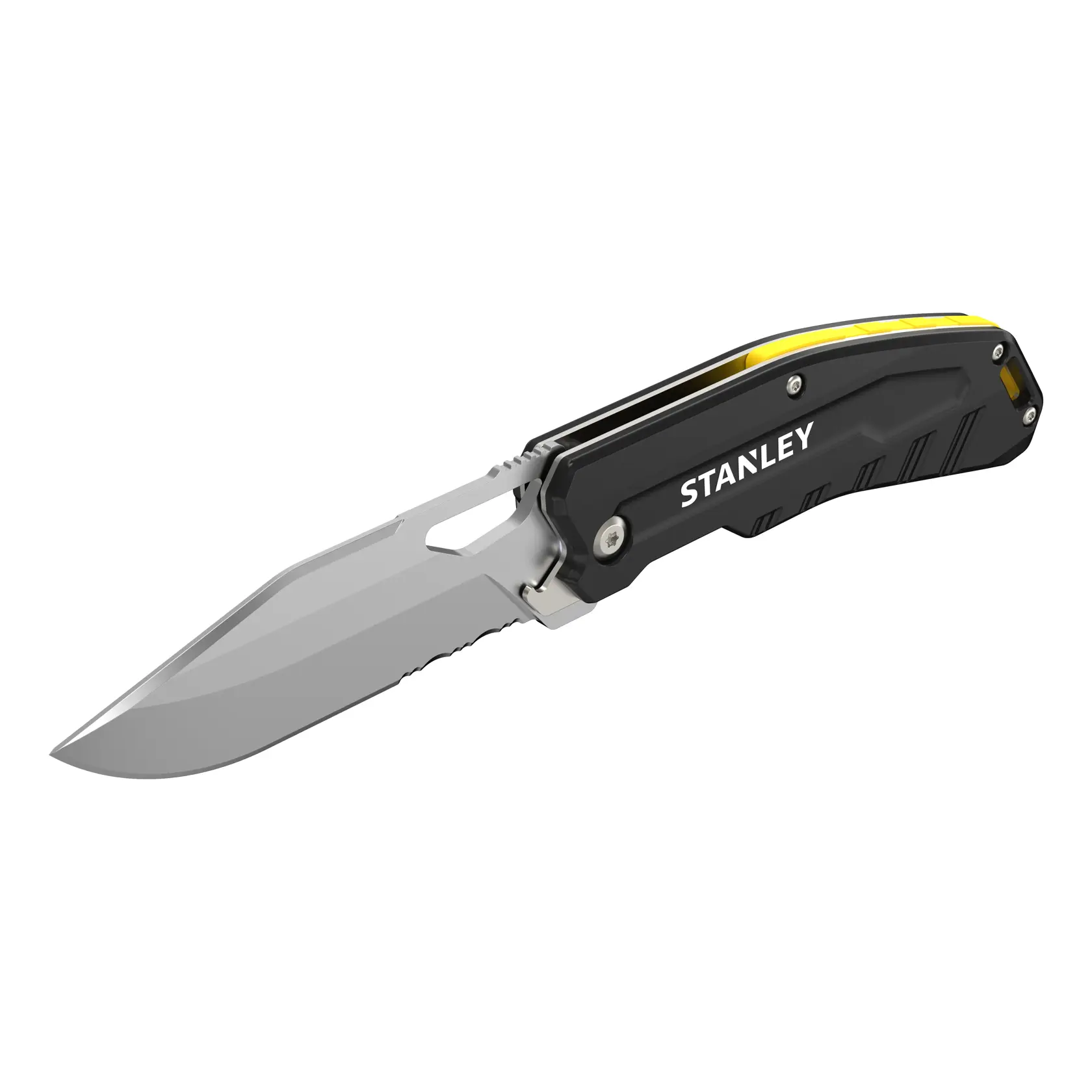 STANLEY FMHT0-10312 Klappmesser, grauer Griff, schwarze Klinge, Seitenansicht des Produkts, Fotografie.