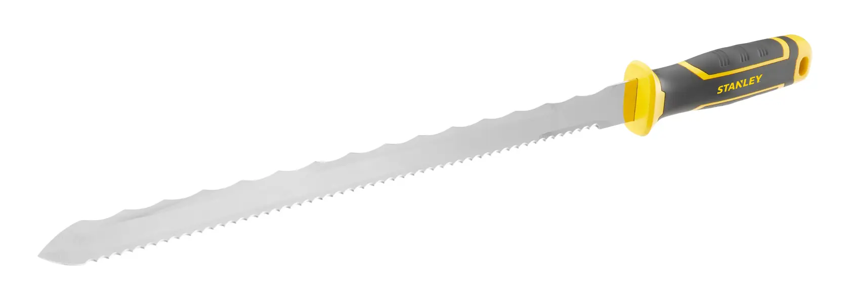 STANLEY FMHT0-10327 lange Wellenschliff-Säge mit Schwarz-Gelb-Griff, Seitenansicht auf weißem Hintergrund.
