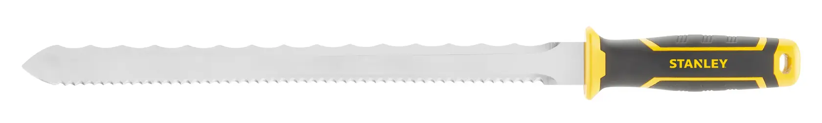Foto von STANLEY FMHT0-10327 Trockenbausäge mit gezahnter Klinge und schwarz-gelbem Griff, Seitenansicht.