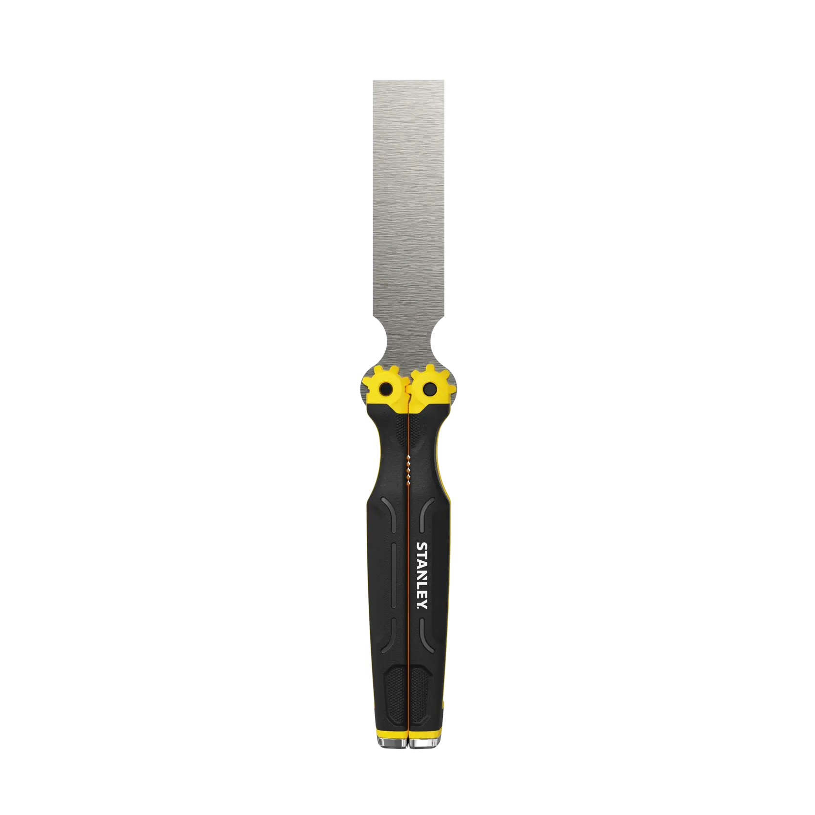 Stanley-Meißel mit ergonomischem schwarz-gelben Griff und Metallklinge, auf weißem Hintergrund aufrecht gezeigt.