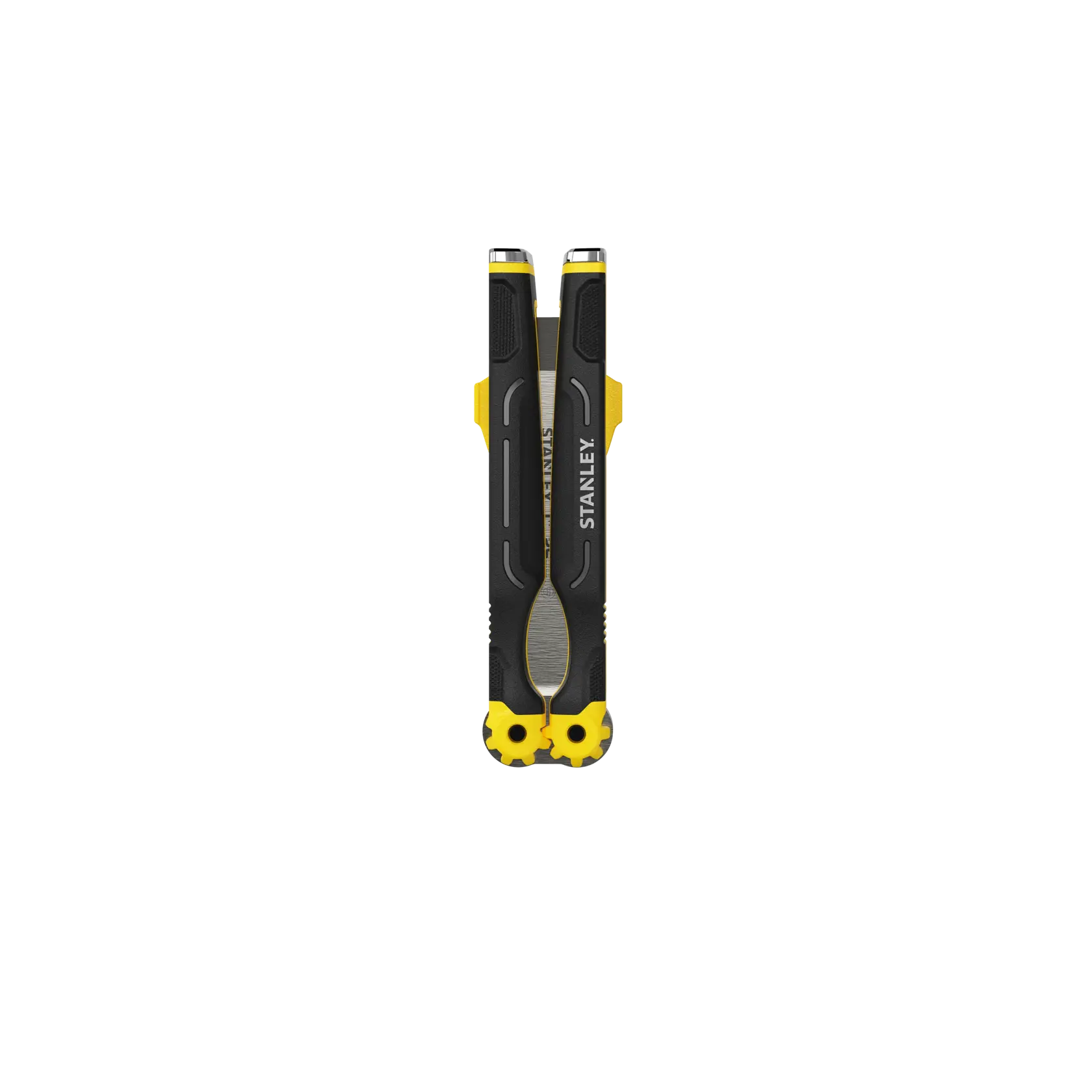 Stanley Multitool in Schwarz und Gelb mit ergonomischen Griffen, geschlossen und aufrecht gezeigt.