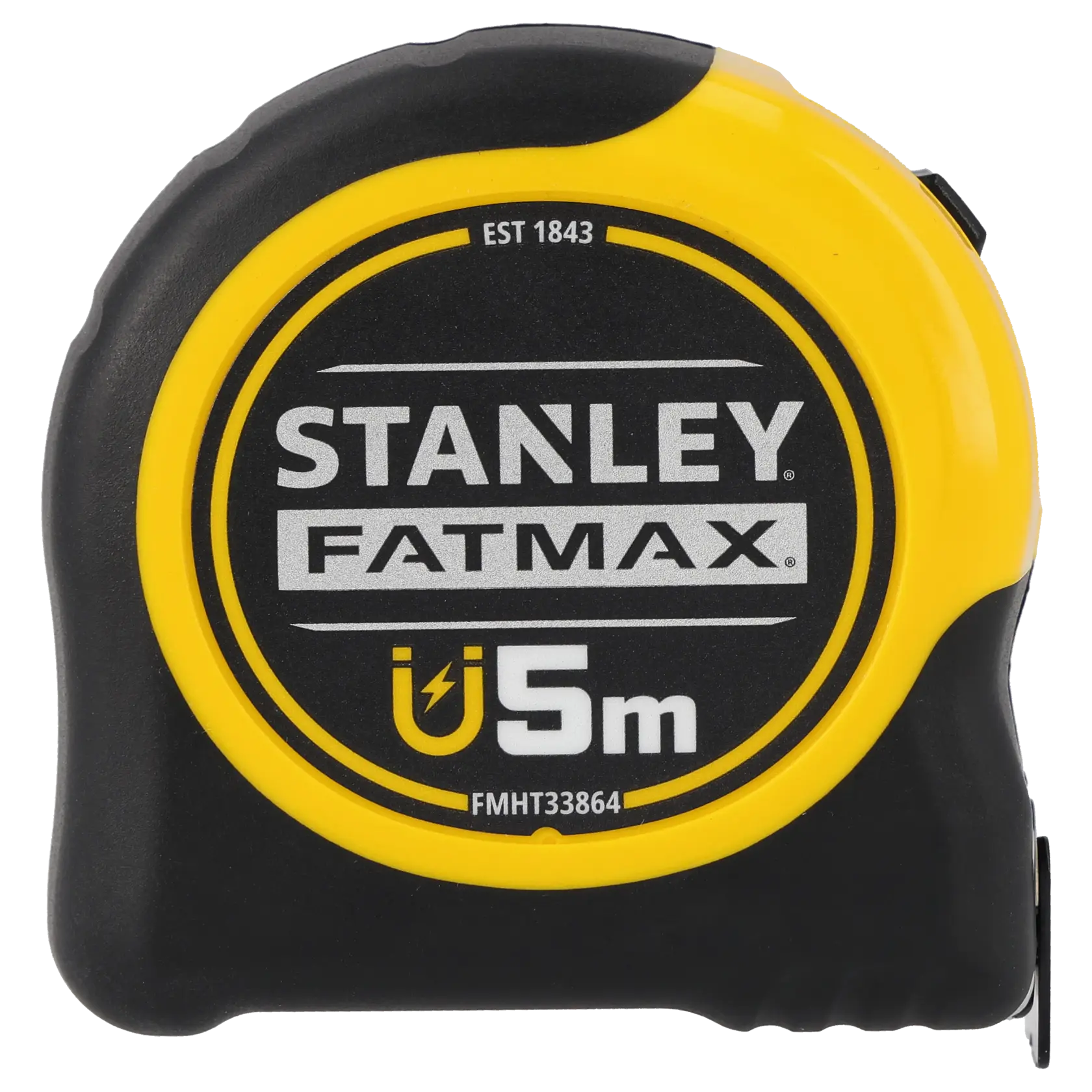 Foto vom STANLEY FMHT0-33864 FATMAX 5m Maßband, schwarz und gelb, Vorderansicht auf weißem Hintergrund.